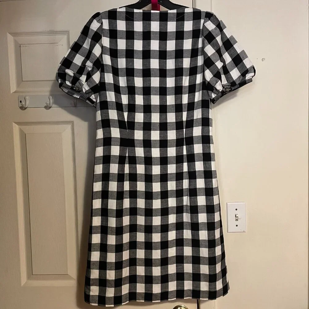 NWT LOFT Gingham Button V-Neck Dress Puff Short Sleeve Black White Size 2 Petite - Picture 8 of 8